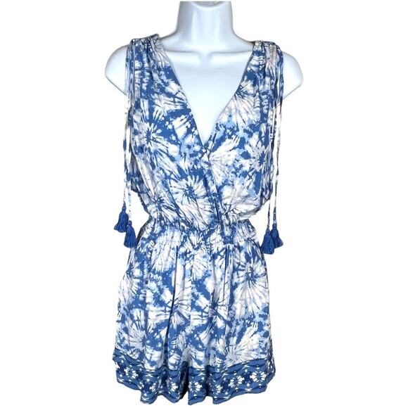Bebop Romper Sleeveless Tassel Tie Detail Surplice Blue White Print NEW Womens M - Picture 1 of 13